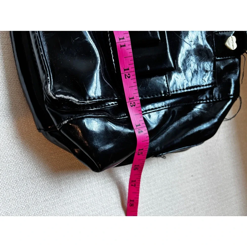 Vintage Y2K Betsey Johnson Satchel Bag Black Patent Bow Heart Padlock Rocker